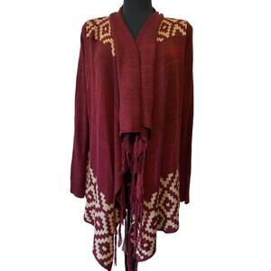 Red Camel Women’s Burgundy/Cream Fringe Waterfall Open Cardigan Size Medium